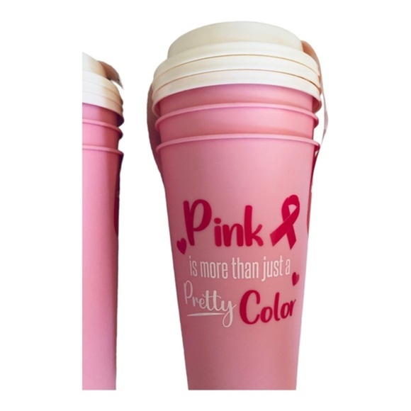 6pc pink Breast Cancer Awareness reusable lidded to-go microwaveable coffee cups - Picture 7 of 9